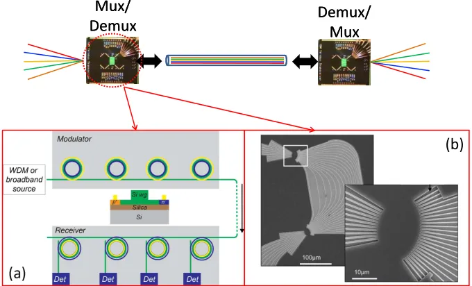 Figure 1.4: Sketch of the WDM principle with zooms on the basic block: (a) Mi-croresonator based mux/demux, (b) AWG based mux/demux [24].