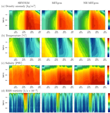 Figure 7. Time series of depth proﬁles of the (a) density anomaly, (b) temperature, (c) salinity, and (d) RMS of vorticity averaged over thenorth Adriatic area, for SHYFEM and MITgcm, both in the hydrostatic and nonhydrostatic implementation.