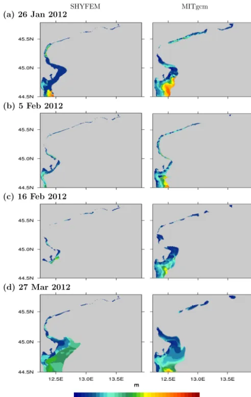 Figure 12. Maps of the depth at which the highest salinity gradient(freshwater above, saline waters below) occurs, within the 37 psuisoline that identiﬁes ROFI in the NAS, for the dates indicated.
