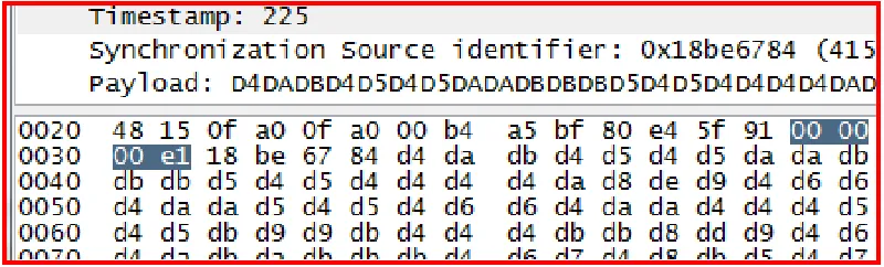 Figure 6: An ASCII “A” is embedded into the timestamp in the first RTP packet.  The expected value of 160 has been replaced with 225
