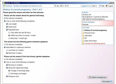 Figure 3 Decision support by electronic checklists: Guidance through routine actions in maternal and perinatal care is provided bychecklists to ensure thorough clinical and laboratory work-up during antenatal care visits.