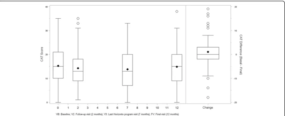 Fig. 3 COPD assessment test (CAT) scores at baseline, at the first (V2) and second (V3) follow-up visits and at the end of the study (FV)