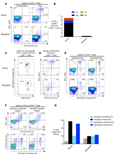 Figure 1. Donor and recipient pretransfer PBMCs shared the immunodominant B27-restricted HIV Gag KK10–specific CD8+functional in the donor and maintained recognition of recipient viral variant sequences.(bottom row) CD8CD107aPol (shown in green) gene produ