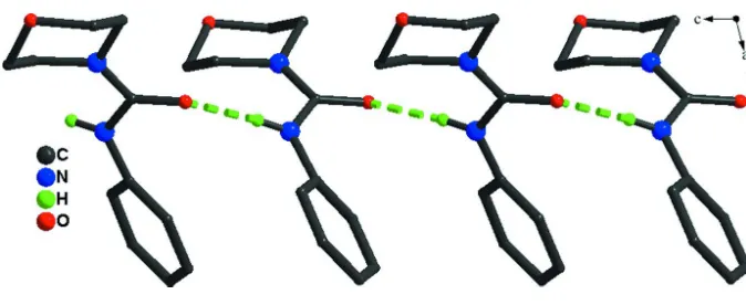 Figure 2View along the b-axis of the one-dimensional polymeric chain of the title compound formed by hydrogen bonding (green 