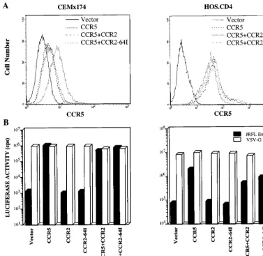 FIG. 6. HIV entry in CEMx174 and HOS.CD4 cells expressing transduced CCR2 or CCR2-64I with or without CCR5