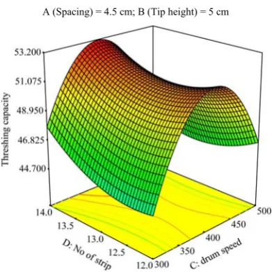 Figure 5  Effect of loop spacing (cm) and No of strips on threshing capacity at optimum height (5 cm) and drum peripheral speed  (400 r min-1) 