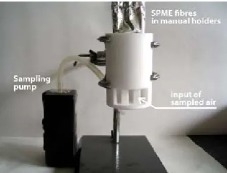 Figure 1. Home-made device for simultaneous dynamic sampling of air by three different SPME fibres