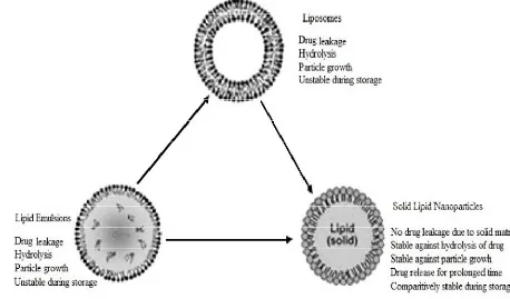 Fig. 5 A diagrammatic representation on SLN over emulsions and liposomes 
