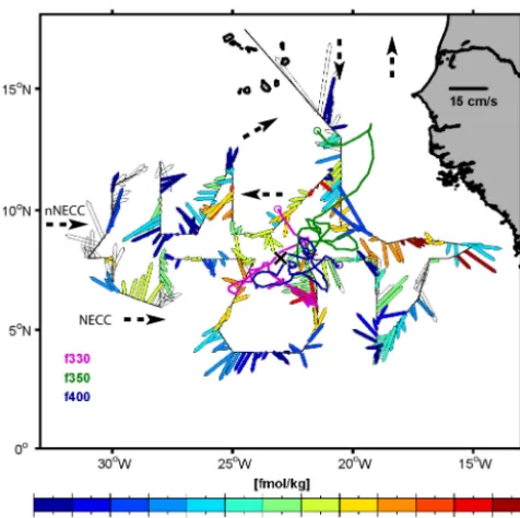 Figure 11. Horizontal distribution of ADCP velocity vectors con-verted to the isopycnal σθ = 26.88 kg m−3 recorded in October–November 2010 with current vectors interpolated on 0.25◦ inter-vals colored with the maximum tracer (CF3SF5) concentration (infmol