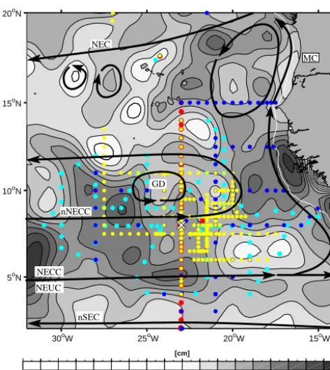 Figure 1. Aviso sea level height anomaly (in cm) for 25 Novem-ber 2009; cyclonic features are shown in bright color, anticy-