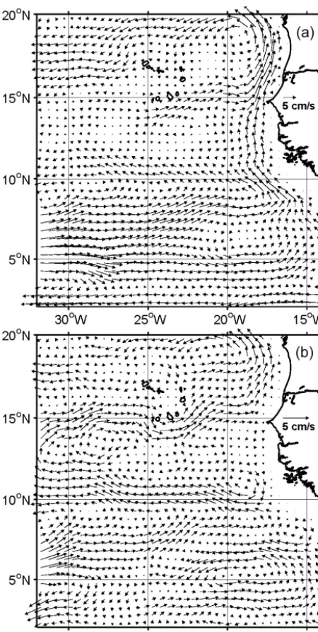 Figure 2. SODA model mean circulation for the period 2001 to2010 for the layers 50 to 200 m (a) and 200 to 400 m (b).