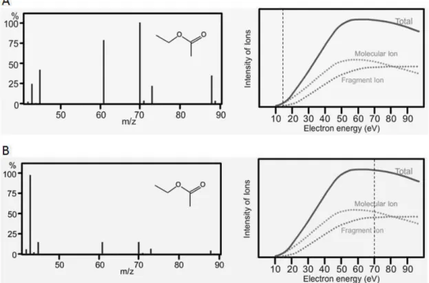 Figure 10. Spectrum of ethyl acetate obtained from an ionisation energy of 14 eV (A). Spectrum of ethyl  acetate obtained from an ionisation energy of 70 eV (B) (figure from www.shimadzu.com)