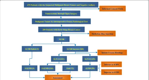 Fig. 1 Axillary Intervention in 289 Patients with Early Stage Breast Cancer. Illustration: Firstly, 475 patients with suspected malignant breast tumorby preoperative imaging were investigated and approached for consent to participate in the study at the Sh