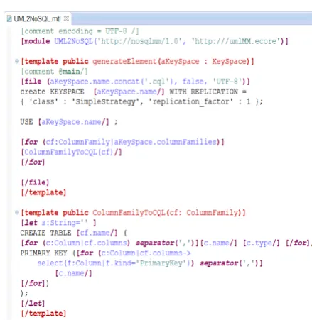 Fig. 8 presents the transformation rules with Acceleo to generate a CQL file. 