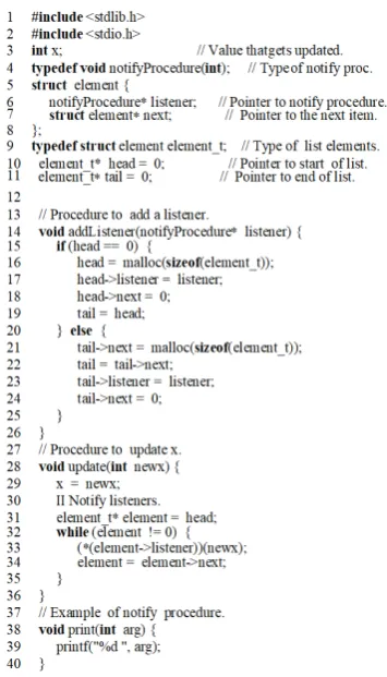 Fig. 2. An example of a program written in C (observer pattern) 
