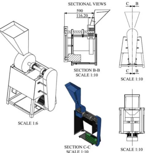 Figure 1  Isometric, orthographic and sectional views of machine 