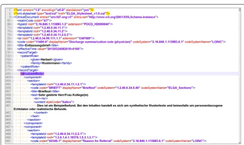 Fig. 1 Example of ODM file. A CRF with 4 itemgroups (IG.1 - IG.4) is presented. Details for item I.1001 are provided such as data type and elaborated text