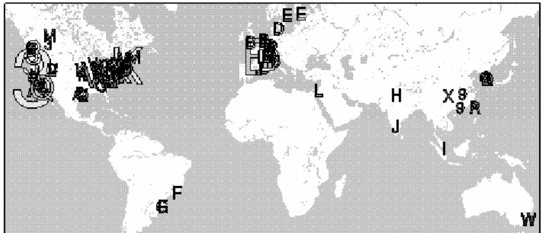 Figure 1.2. Coral's deployment and clusters based on network round-trip-time (letter  identifies cluster)