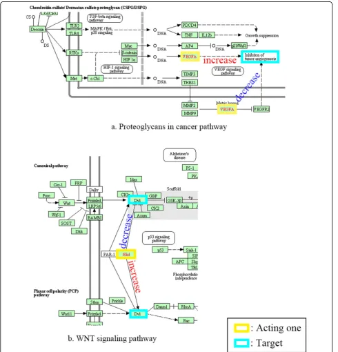 Figure 5 Dual function of genes. a show dual function of VEGFA in proteoglycans in cancer pathway, and b shows dual function of NKD1 inWNT pathway.