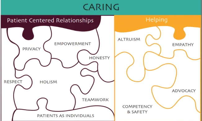 Figure 2.  Themes three and four: Relationships and helping.  Depicts perceptions of  caring expressed as core professional nursing values in themes three and four