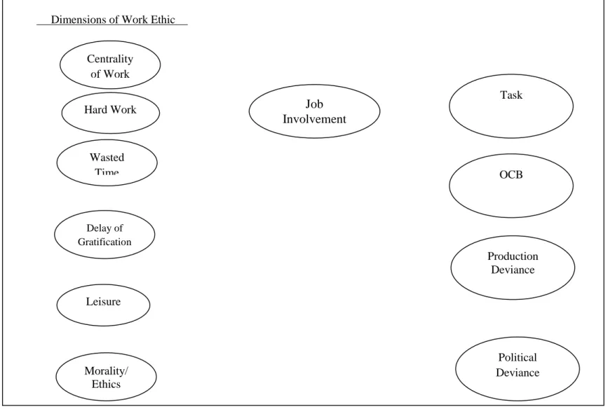Figure 5. Study 2 Model 3  Note. * p < .05  OCB Task Centrality of Work Leisure Hard Work Delay of Gratification Wasted Time Job Involvement  Production Deviance Morality/ Ethics 
