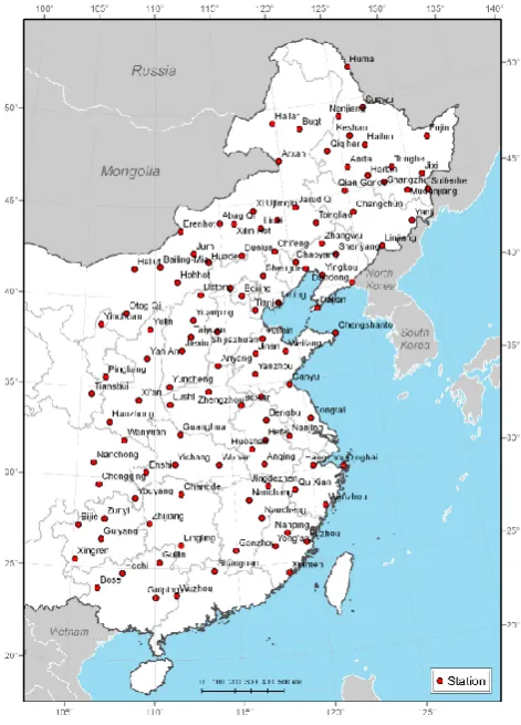 Fig. 1. China east of 105◦ E and location of stations under study.