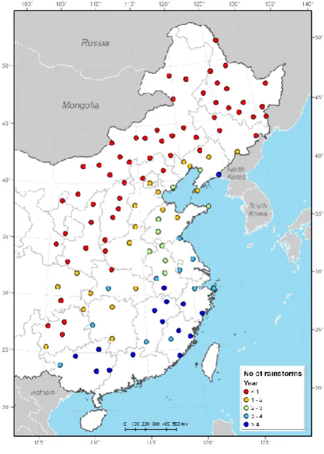 Fig. 2. Number of rainstorms/year over East China, 1976–2000.