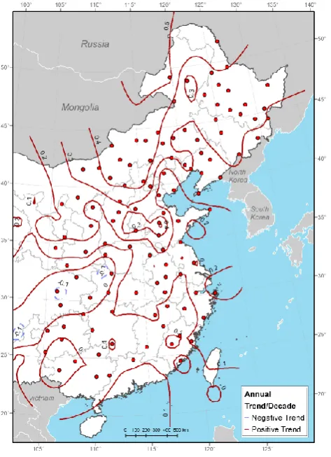Fig. 10.Trend of annual temperature change over East China,1951–2000, ◦C/decade(Domroes and Schaefer, 2003)
