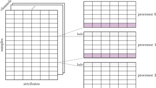 Figure 4.1: One-dimensional data decomposition across the samples, including halo zones in purple and duplicates with a hatched pattern.