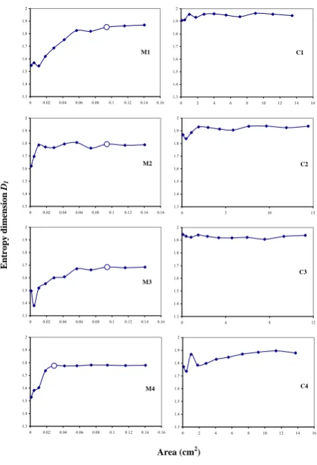 Fig. 3. Figure 3. Entropy dimensions  Entropy dimensions2D DI  for samples 1, 2, 3 and 4 plotted against the area (cm for samples 1, 2, 3 and 4 plottedagainst the area (cm  of the frames for the images of the micro-I