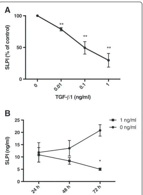 Figure 3 SLPI expression is down regulated by TGF-β1. SLPIconcentrations in the cell medium from human bronchial epithelialcells stimulated with TGF-β1 (A), or in the absence or presence of1 ng/ml TGF-β1 (B)