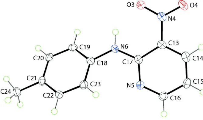 Figure 1The molecular structure of the first independent molecule in (I) showing the atom-labelling scheme and displacement 