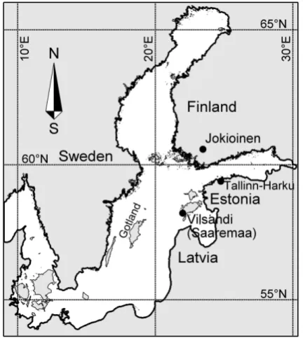 Fig. 1. Location scheme of the Baltic Sea, showing Tallinn-HarkuAerological Station, Jokioinen Observatory, and the Island of Vil-sandi.