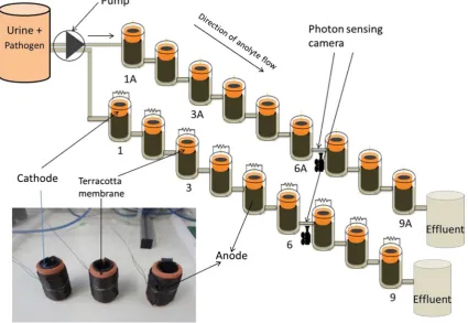 Fig. 1  Experimental setup showing the two cascades of nine MFCs for Trials 2 and 3; resistance applied), MFC 1–9 closed circuit (with 100Ω of external MFC 1A–9A open circuit (without any external resistance)