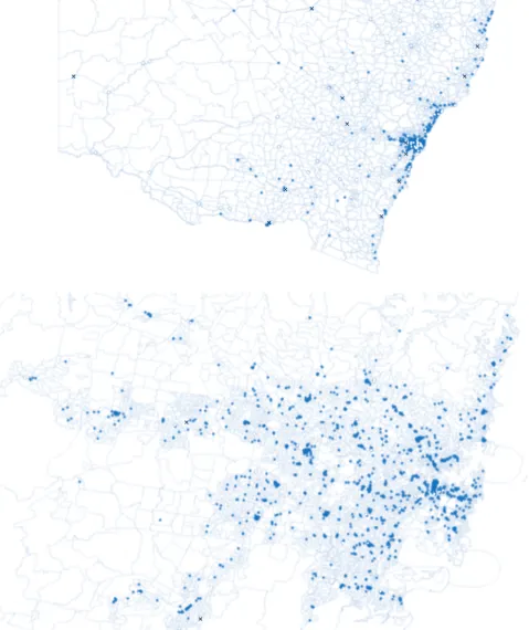 Figure 1.Distribution of public ( ), private ( ) and Aboriginal Medical Service (�) based dental practices in NSW (top) and athigher magnification for Sydney (bottom), 2011