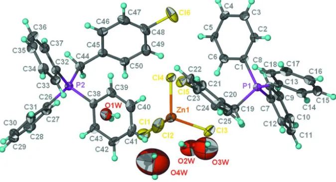 Figure 1Anisotropic displacement ellipsoid plot (Barbour, 2001) of (C25 H21ClP)2(ZnCl4).3H2O; ellipsoids are drawn at the 50% 