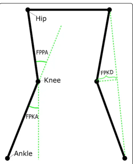 Fig. 1 Frontal Plane Measures.Note: Hip, knee, and ankle joint center positions projected onto thefrontal plane
