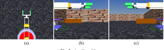 Fig. 1. Virtual environment seen from the top camera and Mobile Robotic Arm 