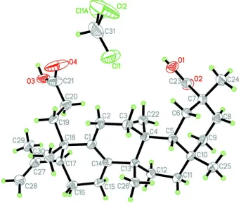 Figure 1The molecular structure of koetjapic acid, showing 50% probability displacement ellipsoids and the atom-numbering 