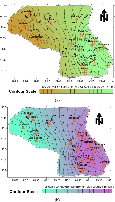 Figure 2. Water table contour map of the study area bore well: (a) pre-monsoon; (b) post-monsoon