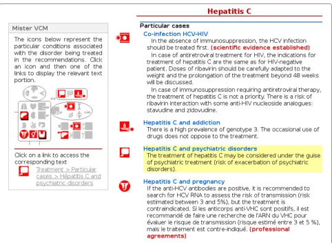Figure 4 Screenshot of the Vidal Recos prototype integrating VCM, displaying a CPG related to hepatitis C