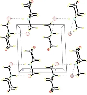Figure 2A view of the packing of the title compound, stacking along the b axis. Dashed lines indicate hydrogen bonds