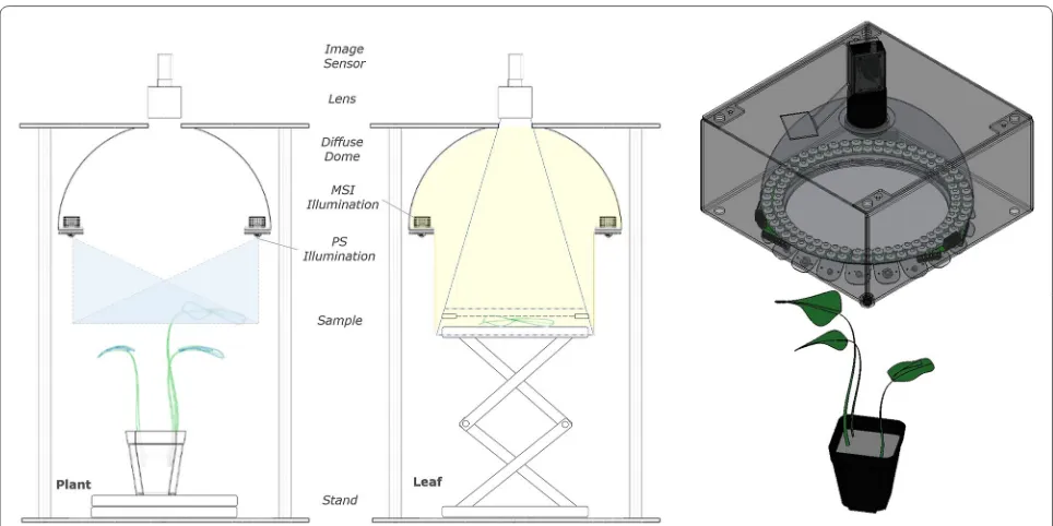 Fig. 2 Scanning set-up. Side-view diagram of apparatus set-up for canopy and PS imaging (left) and detached leaf assay with MSI (centre) showing the major system components with three-dimensional view (right)