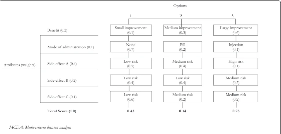 Figure 3 Example of conventional MCDA weights and scores, and total scores and DCIDA.