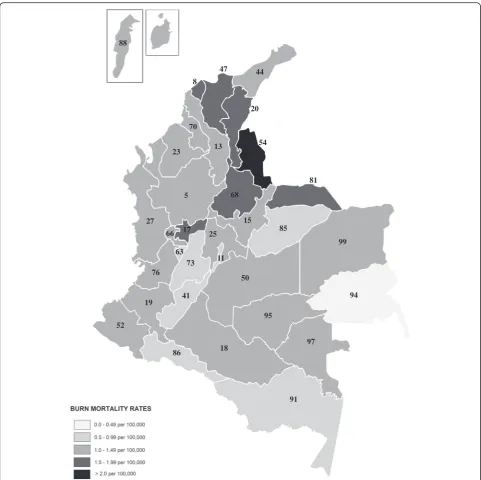 Fig. 4 Topographic distribution of mortality rates of burns by departments in Colombia 2000 to 2009