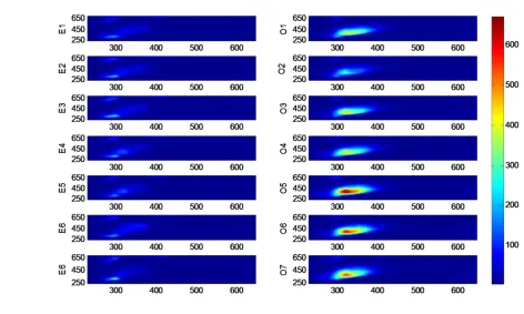 Figure 1 3D front-face fluorescence spectra, left column corresponds to the seven EVOO samples (E1 to E7) and 