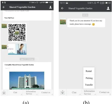 Fig. 6. WeChat public platform. (a) Contact the system manager. (b) The services provided by the system include leasing, picking and transferring