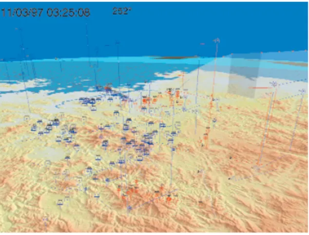 Figure 2.2: Jove visualization. Assets are represented as symbols on 3D map. Movement curtainshows asset history