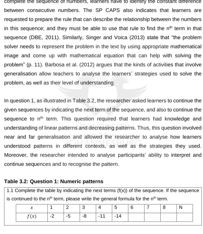 Table 3.2: Question 1: Numeric patterns 