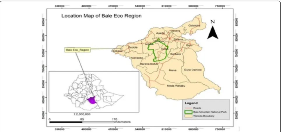 Fig. 1 Locational map of Bale Eco-region and district boundaries, Southeast Ethiopia (Adopted from SHARE Bale Eco-region project document)